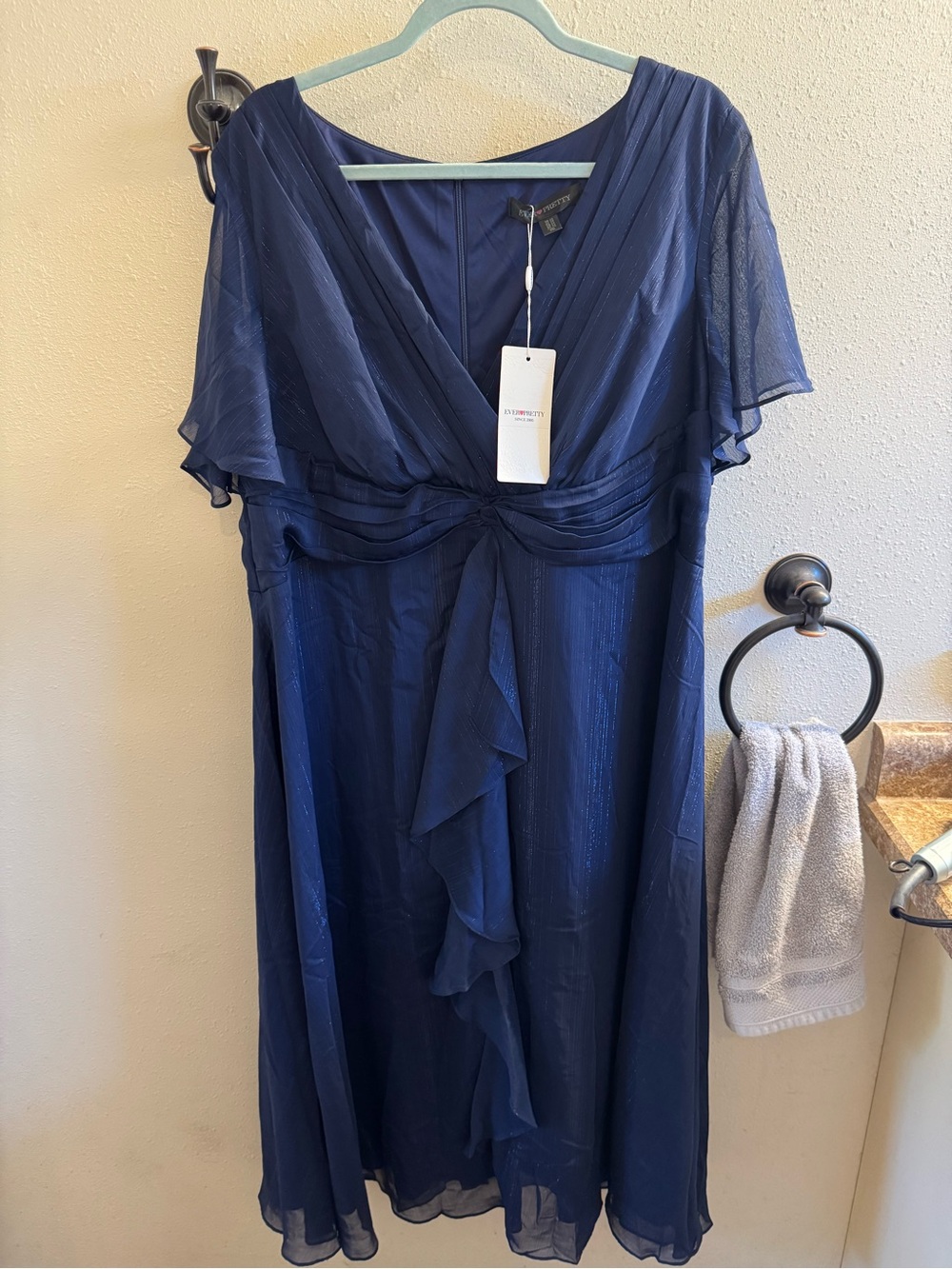 Ever Pretty Navy Midi Chiffon V-Neck Dress with Ruffle Detail